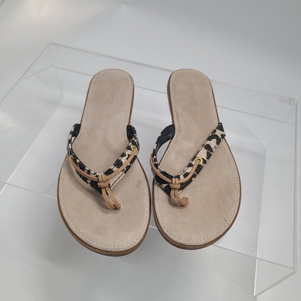 Sperry Top Sider Womens US  10M Leather Linen Upper Leopard Thong Casual Sandal